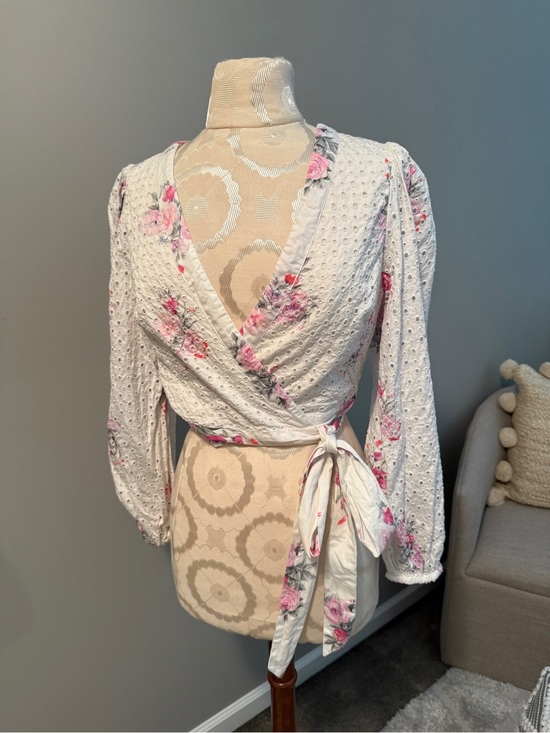 LoveShackFancy Tops - LoveShackFancy White Eyelet Wrap Top with Pink Floral Print